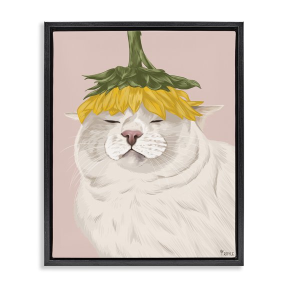 Stupell Industries Contemporary Cat with Daisy on Head Black Floating Frame Canvas Art, 17 x 21, by Tara Royle