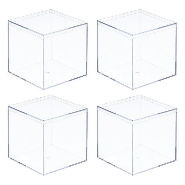 Uxcell 4Pcs Caja de Almacenamiento de Plástico Acrílico Transparente Cuadrada con Tapa para Artículos Pequeños 3.19x3.19x3.19