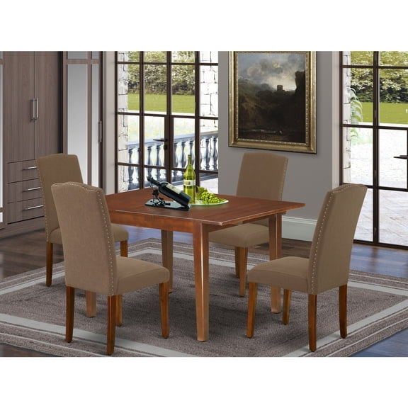 Rectangular Dining Table Set 5pc - 42/54" Table w/ Butterfly Leaf & 4 Parsons Chairs - Linen Fabric Dark Coffee