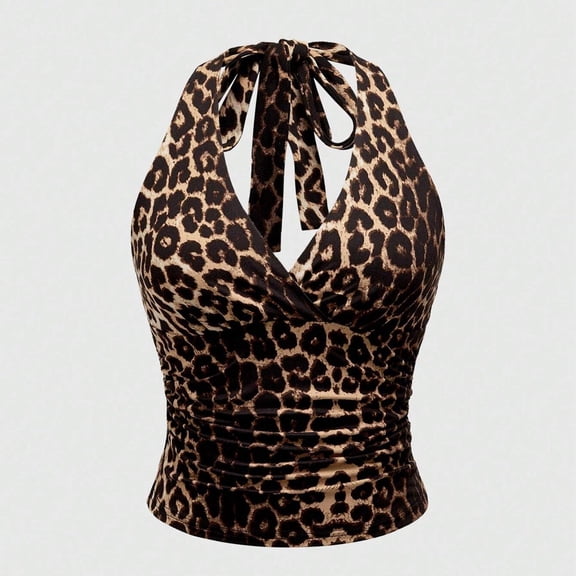 Leopard Tankini Tops for Women Swimwear V Neck Tie Back Sleeveless Bathing Suit Cami Tops Ruched Halter Crop Tops No Bottoms Khaki XXL