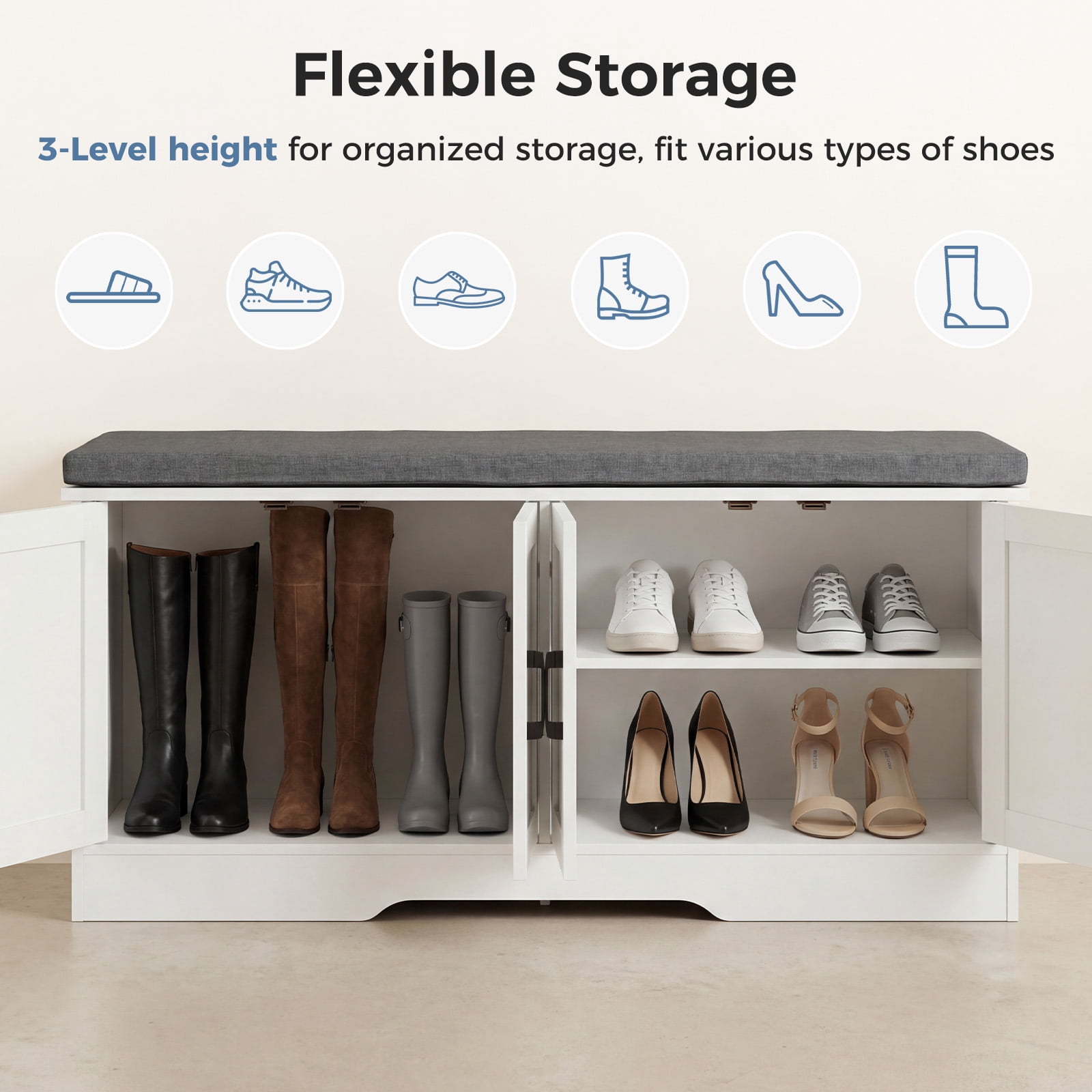 Hommoo Modern Wooden Shoe Storage Cabinet with Cushioned Seat, 47-inch Double-Door Entryway Organizer for Living Room, Hallway & Bedroom, White & Gray