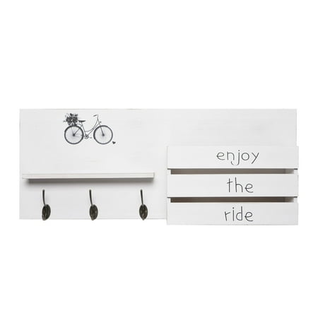 UPC: 0098811233984 | American Art Decor Addie Joy Bike Decorative Key Holder & Mail Organizer with Wall Hanging Storage Basket Shelf and Hooks – Distressed White Wash