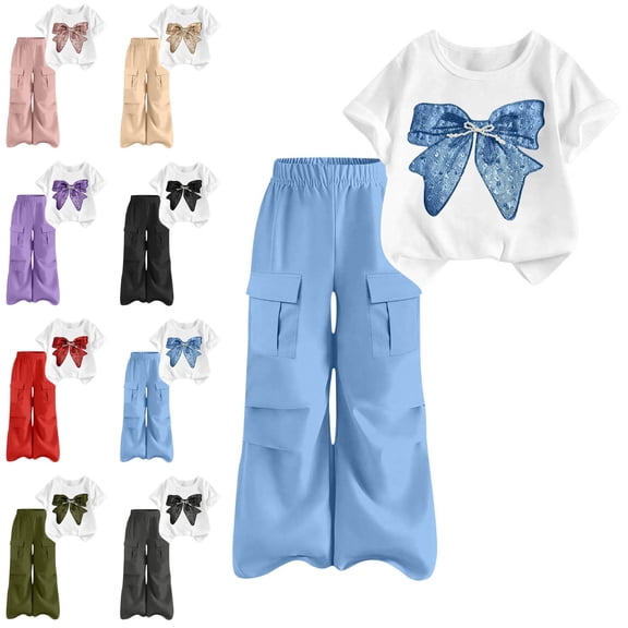 ITSAME Girls Outfit Set Bow Print T-Shirt and Cargo Pants 2-Piece Summer Fashion Casual Clothes Blue Size 12