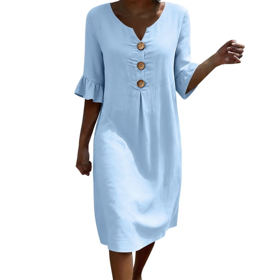 MOJOGO Midi Dress for Women V Neck 3/4 Ruffle Sleeve A Line Dresses with Button Detail Loose Casual Vacation Office Outfits Light Blue L