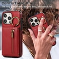 thumbnail image 4 of ELEHOLD Case for iPhone 15 Pro, Zipper Leather Wallet Crossbody Case with Detachable Ring Kickstand & Card Slots,Red, 4 of 9