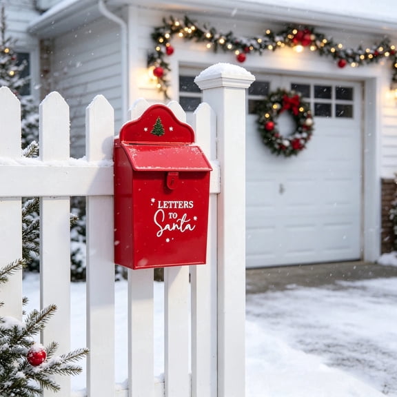 Red Metal Wall Mounted Christmas Mailbox, Letters to Santa Box for Holiday Porch Yard Decor