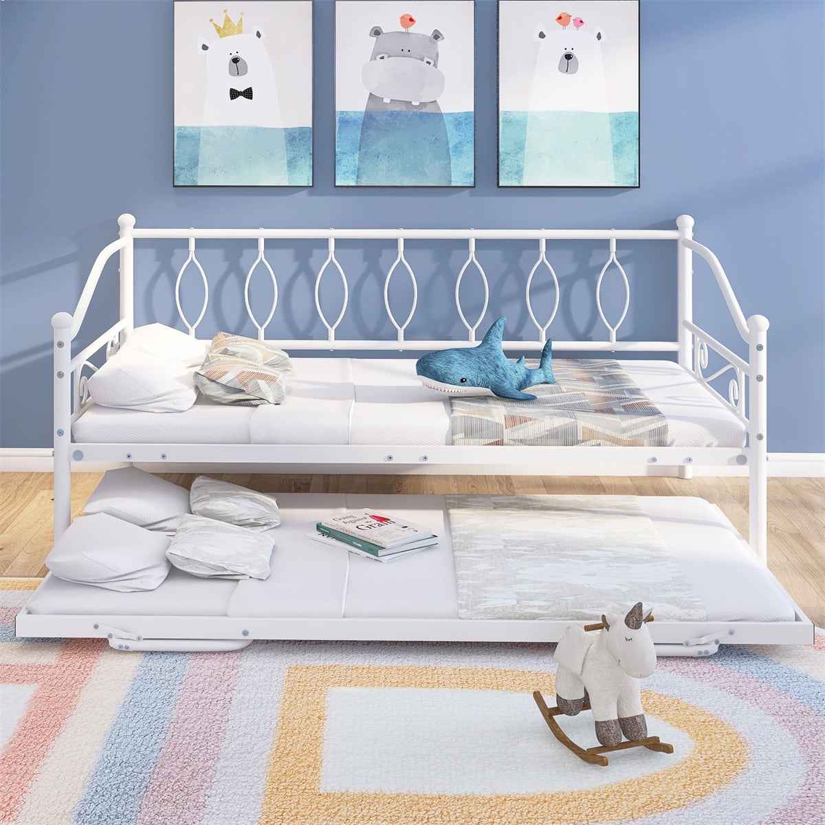Twin Size Daybed, Metal Daybed with Twin Size Adjustable Trundle for