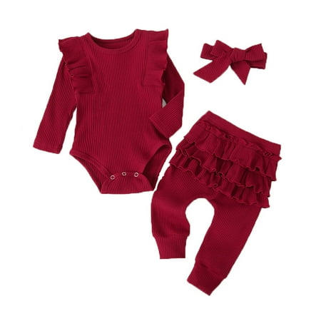 

EHTMSAK Newborn Infant Baby Toddler Girl Outfits Clothing Set Bodysuit and Pants Set Ruffle Long Sleeve with Headband Wine 0-2Y 80