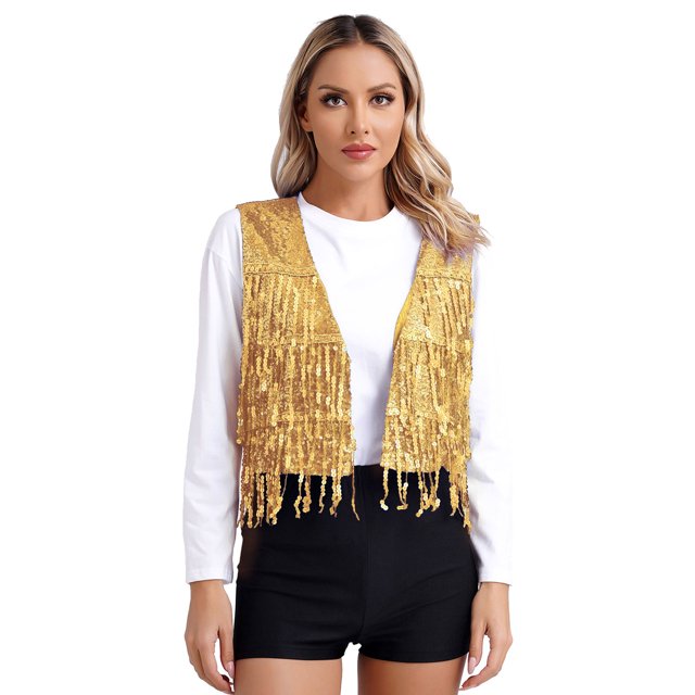 renvena Gilet Sans Manches à Paillettes pour Femmes, Col en V, Ouvert devant, avec Franges, Gilet de Danse Rave Or L