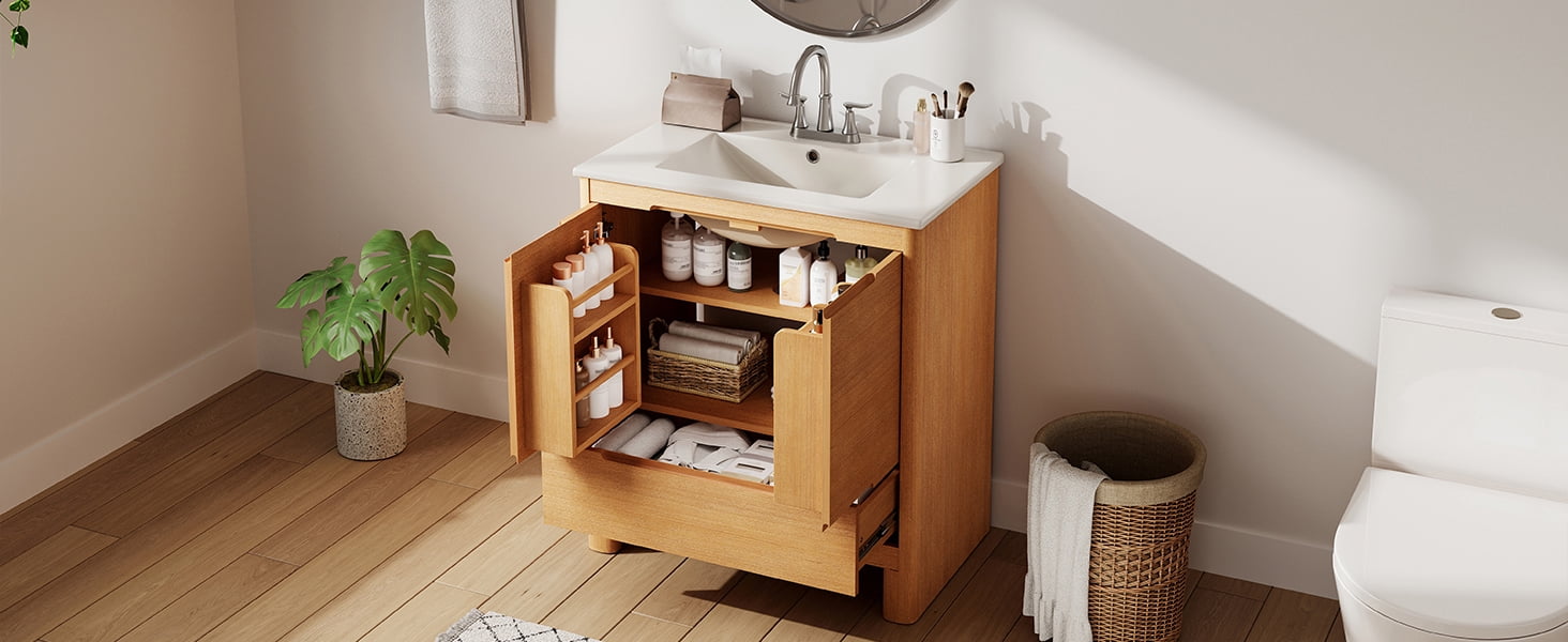 LiviNest 30" Bathroom Vanity for Small Space: 5 Storage Zones & 110lb Top - Soft-Close Doors & Drawer - Adjustable Shelf & Ceramic Sink All-in-One Package