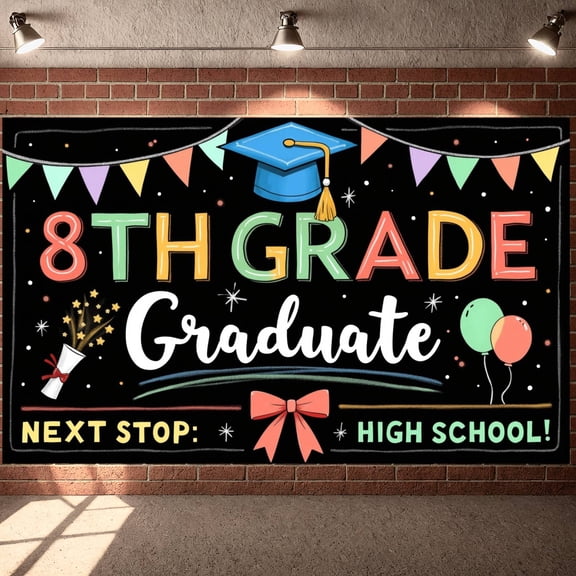 Chalkboard Style Next Stop High School Banner Hand-drawn Design High School Graduation Display Graduation Cap  Globe Decoration School Transition Backdrop for High School Graduation Party 8th Grade