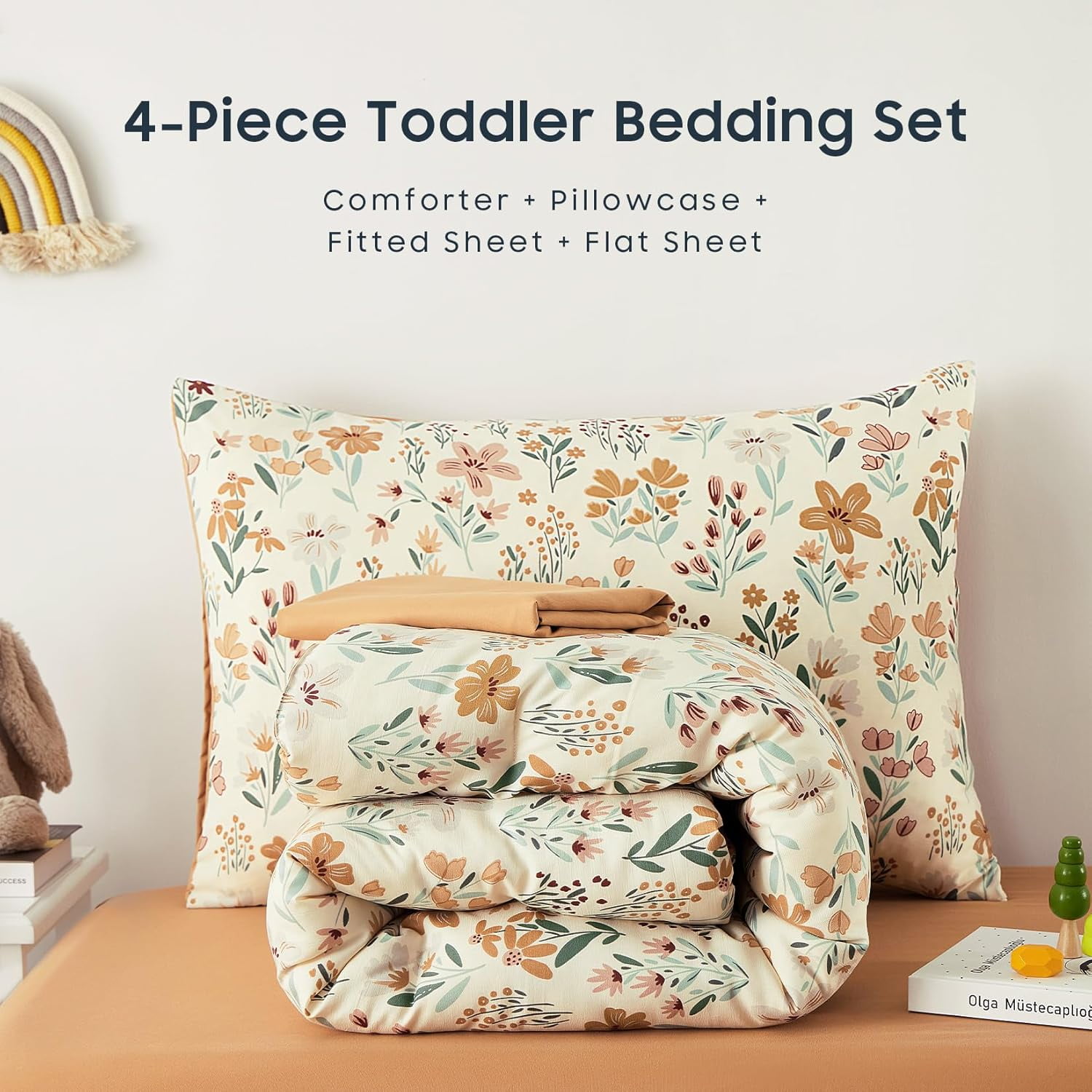 AllWays Plaza - Floral Toddler Bedding Set for Girls, Cute Colorful Botanical Flowers, 4 Pieces Soft Crib Bed Set Including Comforter, Sheets and Pillowcase, Orange Cream