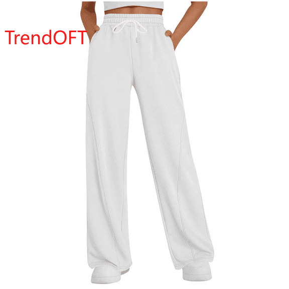 TrendOFT Womens Wide Leg Pants High Waist Baggy Straight Leg Sweatpants Elastic Waistband Drawstring Pocket Fall Winter Sweat Lounge Pants White L
