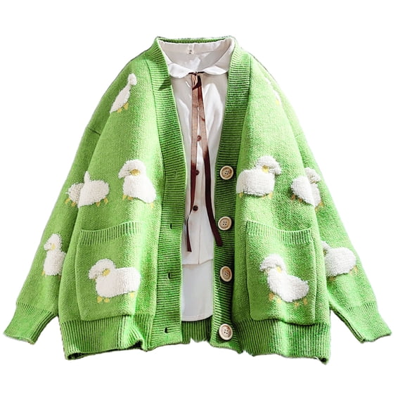 Womens Knit Cardigan Cute Cartoon Sheep Long Sleeve Open Front Button Down Oversized Sweater Coat with Pockets