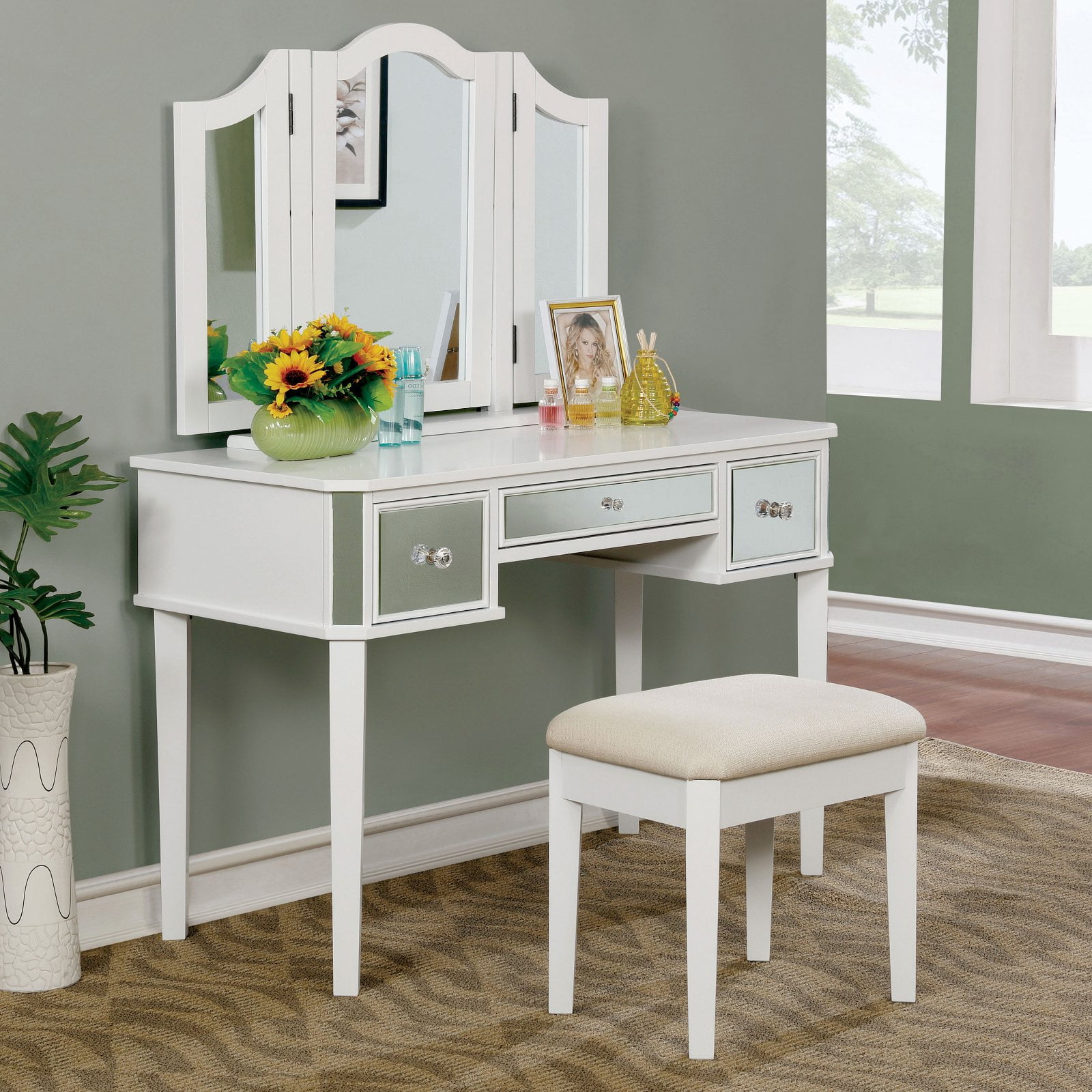 Furniture Of America Aurora Contemporary Style 3 Sided Mirror Vanity Set