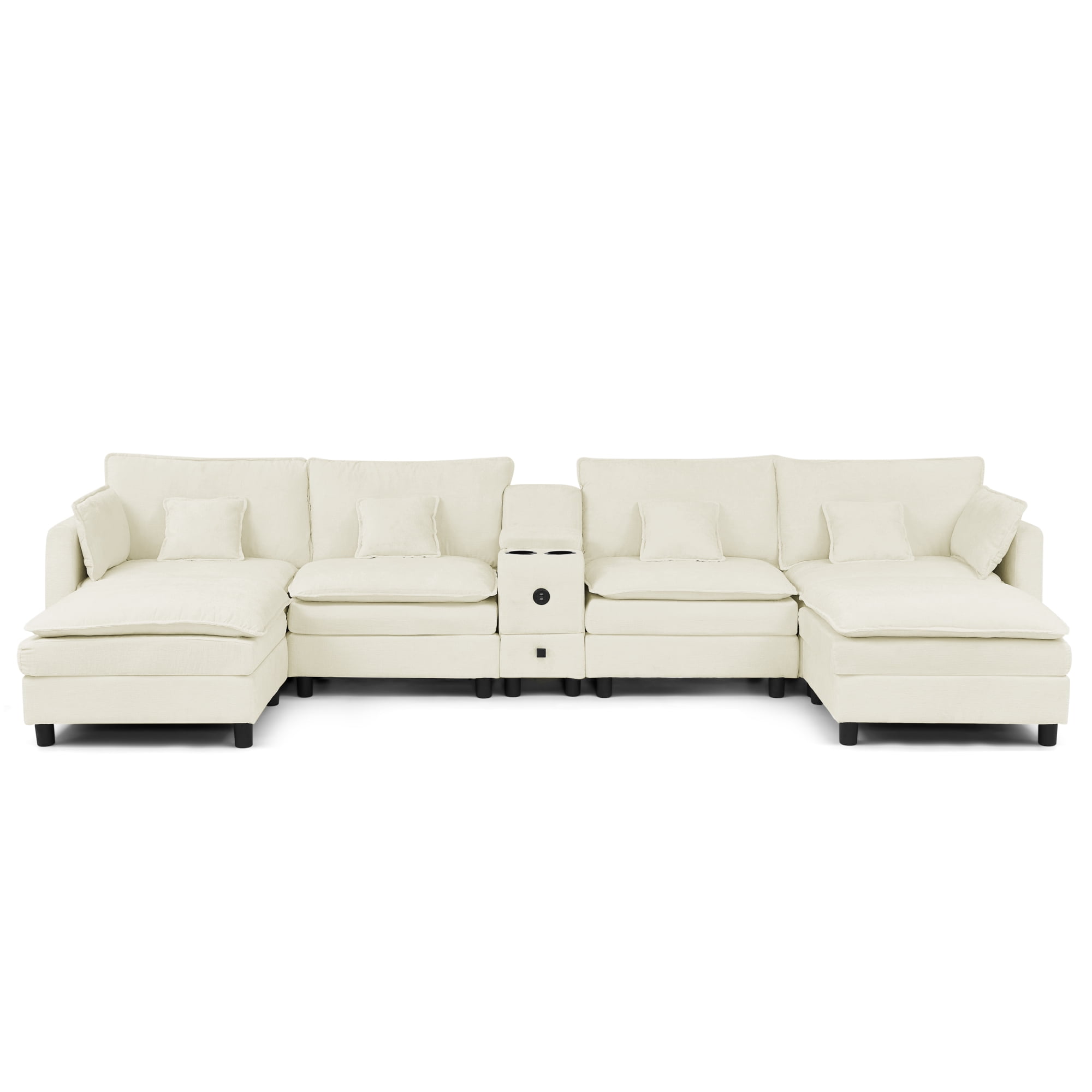 Modular U-Shaped Sectional Sofa with Reversible Chaise, USB Charging Ports & Storage Drawer, 6-Seater Sofa Couch with Flip-Top Cup Holder Console, Arm Pockets & Detachable Cushions