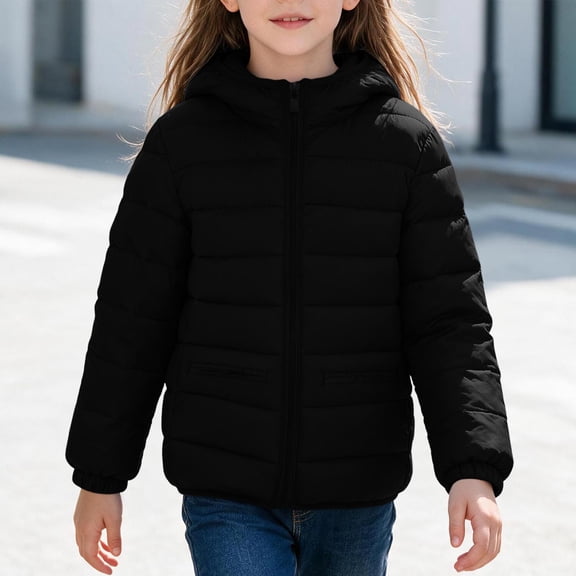 Lastesso Quilted Jackets for Girls Warm Full Zip Up Winter Coat Long Sleeve Hooded Windproof Outerwear Black Size 4