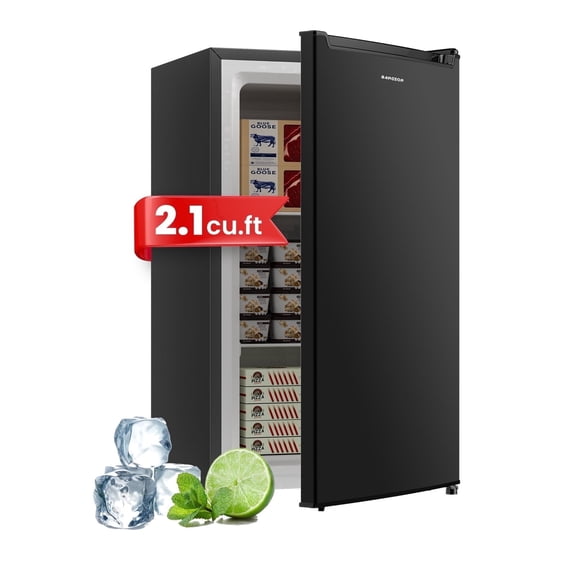 Bangson 2.1 Cu.ft Upright Freezer, Compact Mini Freezer with Reversible Door, Adjustable Thermostat, Removable Shelves, Energy-Saving for Dorm Office Apartment, Black