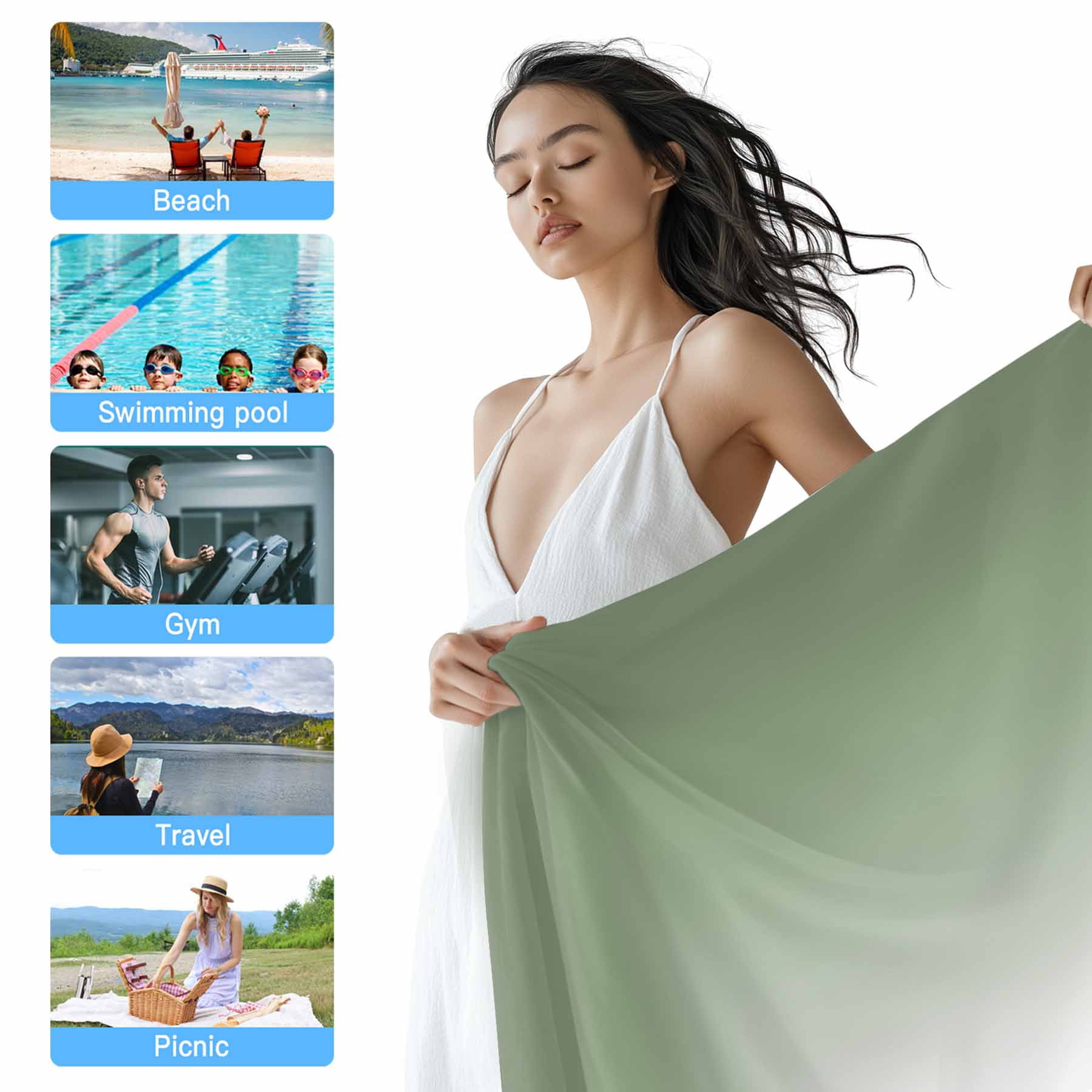 Sage Green Gradient Beach Towels Blanket Soft&Absorbent Quick Dry Microfiber Abstract Sage White Watercolor Pool Towels for Swimming ,Yoga, Sports, Gym, Camping,Large 35X70in,
