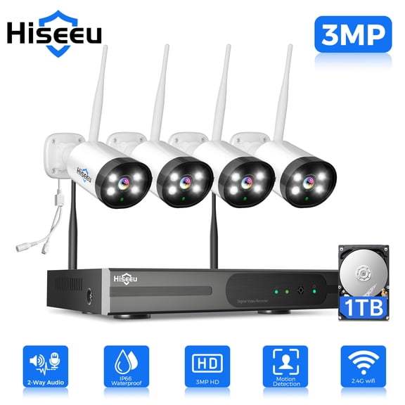 Hiseeu 4-Pack Outdoor WiFi Security Camera System, 10CH 3MP with 1TB Hard Drive