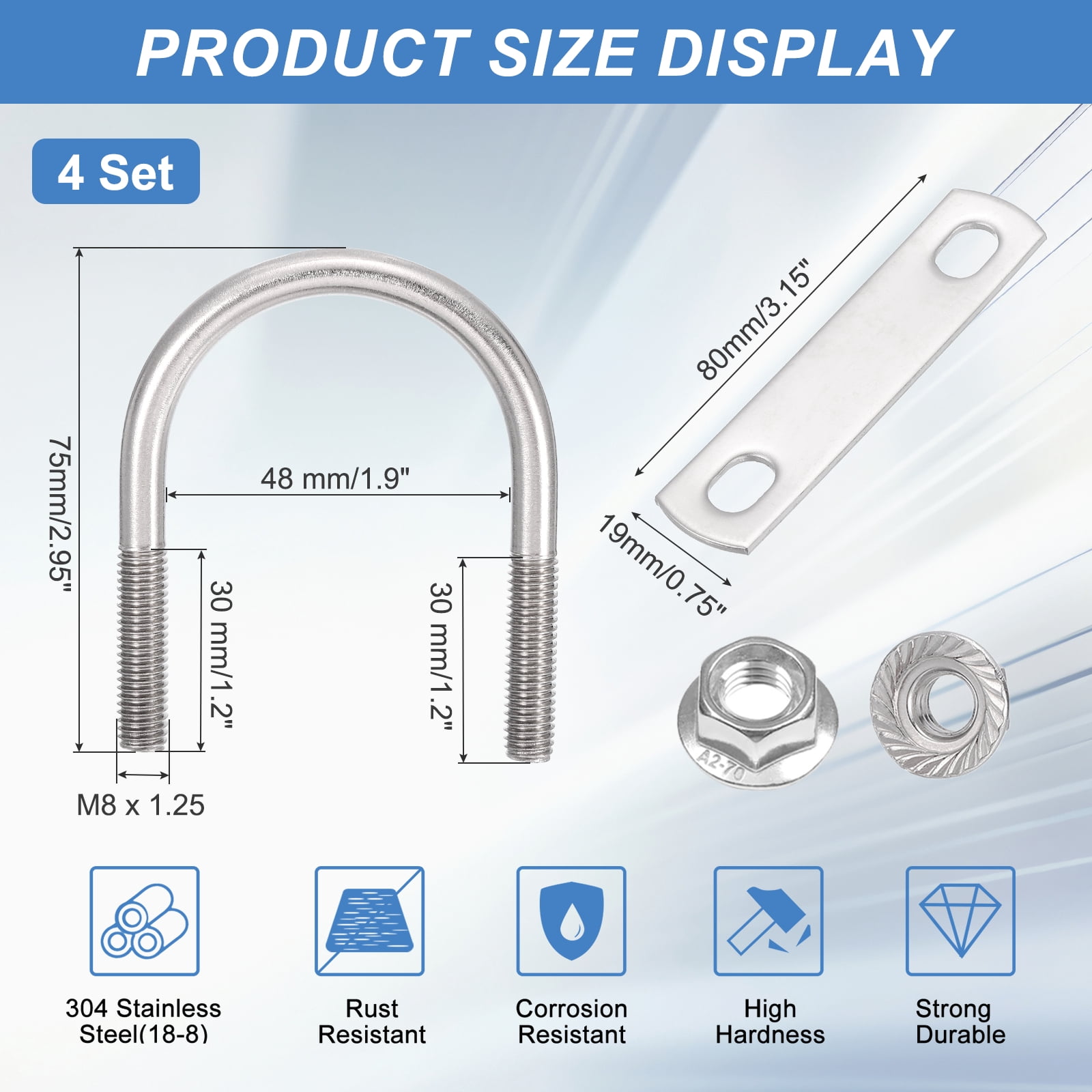 Uxcell 4 Set 1-7/8" Inner Wide Round U Bolts,  2-15/16" Length 304 Stainless Steel U-Bolts with Flange Hexagon Nuts, Frame Plates for Trailer, Automotive, (48mm W x 74.5mm L)