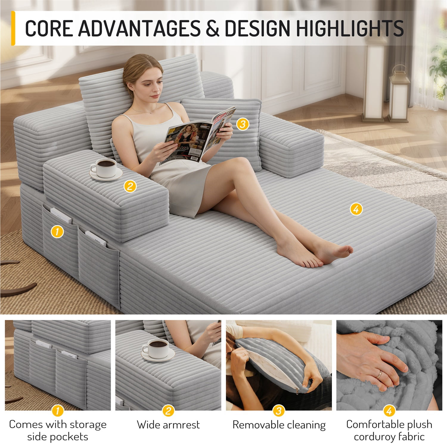 Hommoo Luxurious Plush Corduroy Chaise Lounge with 3 Pillows & Storage Pocket, Convertible Sofa Couch Bed Sleeper with Frameless Design & Compression Foam, Light Grey