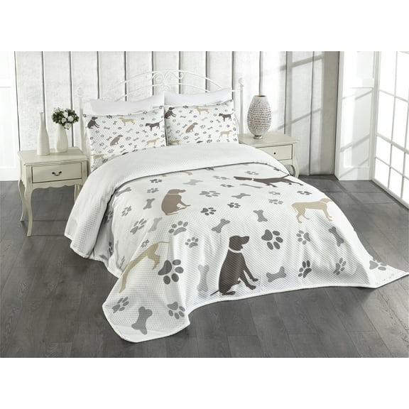 Ambesonne Dog Lover Quilted Bedspread Set 3 Pcs, Paw Print and Bones, King Size, Umber Beige Grey