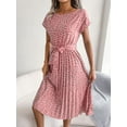 thumbnail image 5 of Women's Ditsy Floral Pleated Belted Midi Dress Round Neck Short Sleeves A Line Hem Casual Chic 60% Polyester Dress, 5 of 13