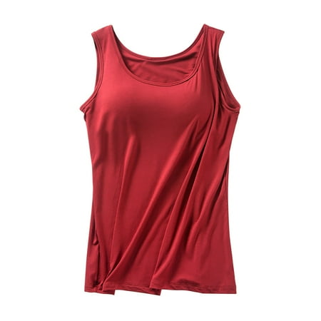 Pxiakgy Hot Sale!! Womens Modal Padded Built-In-Bra Tanks Tops Crew Neck Wireless Bra Camisole Casual Slim-Fit Shirts Tee Plus Size Red Xl