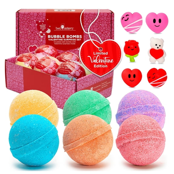 Valentine's Day  Bath Bombs, 6 Pack Gift Set – Large 5 oz Fizzy Bombs with Toys, Colorful, Fruity Scents, Hydrating, USA Made