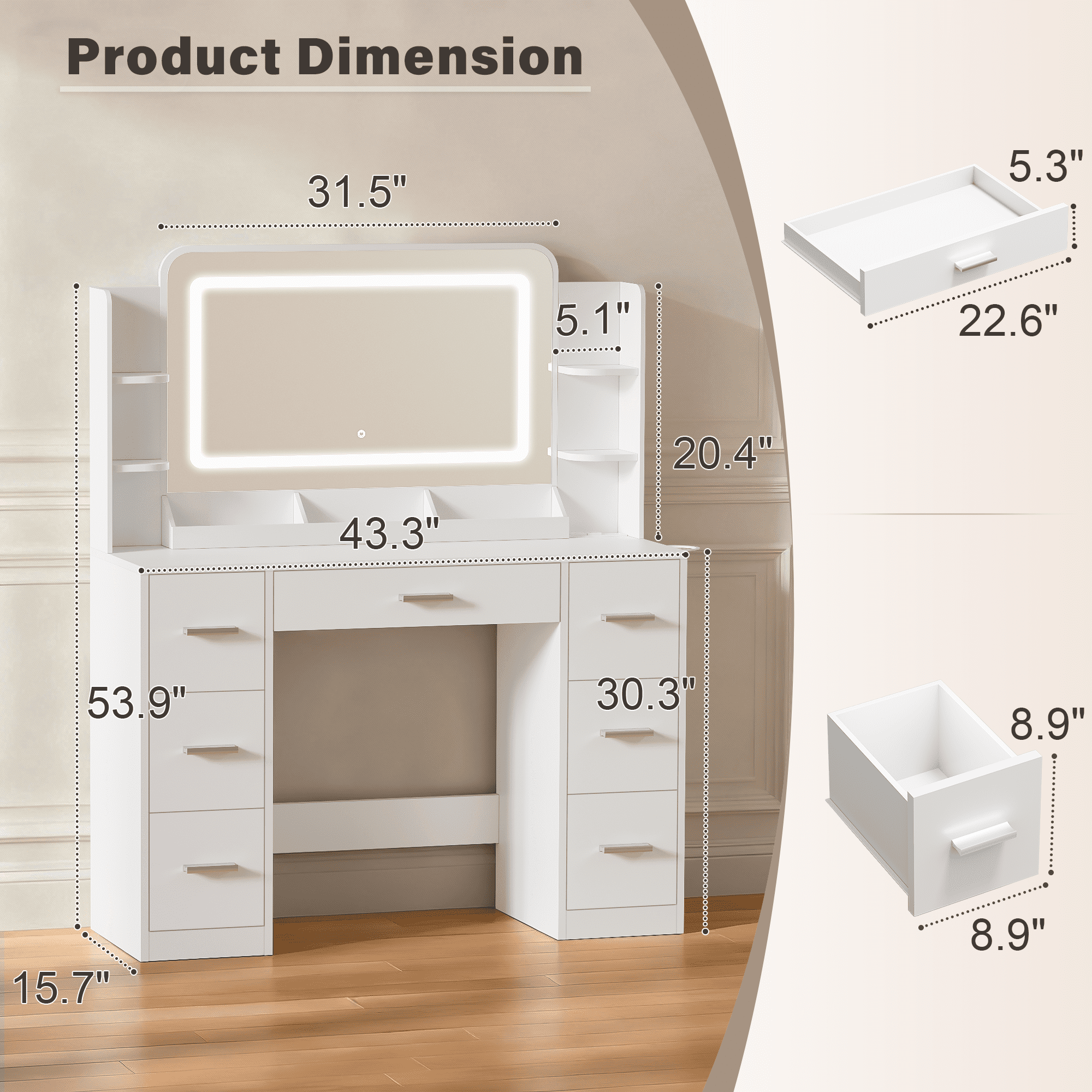Furmax Makeup Vanity Desk with LED Mirror, Modern Vanity Table Set with Storage & Power Outlet for Bedroom & Dressing Room, White
