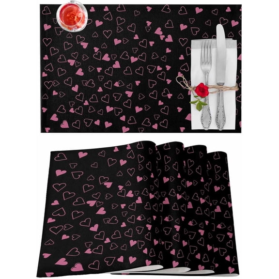 Valentines Placemats Pink Heart Valentines Day Place Mats for Dining Room Romantic Love Black Washable Table Mats for Kitchen Dining Decorations Set of 6