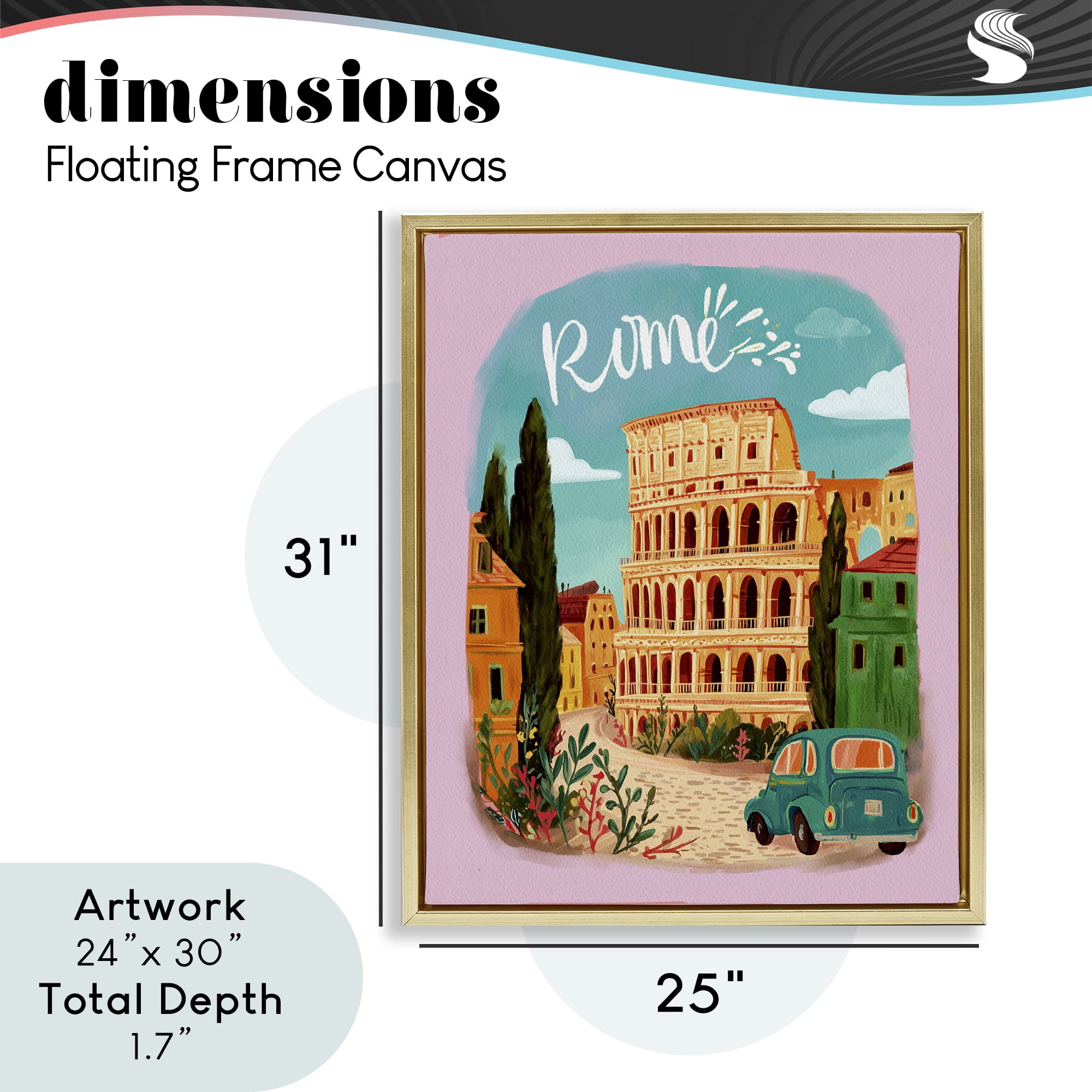 Rome Travel Spot Architecture Gold Framed Floater Canvas Wall Art, design by Yen