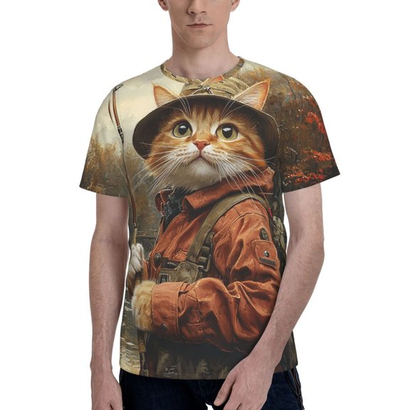 Men 3D Printed Short Sleeve Graphic T-Shirts Tops Tee, Cat Fishing Retro