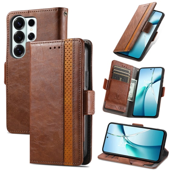 ELEHOLD Premium Leather Wallet Case for Samsung Galaxy S26 Ultra , Card Slots Stand Function Shockproof Protective Flip Wallet Cover For Women Men,Darkbrown