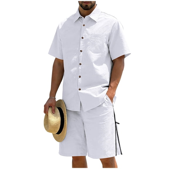 BLTIBY Mens 2 Piece Outfits Summer Set Short Sleeve Button Down Lapel Shirts and Shorts Beach Casual Jogging Suits with Pockets White 3XL