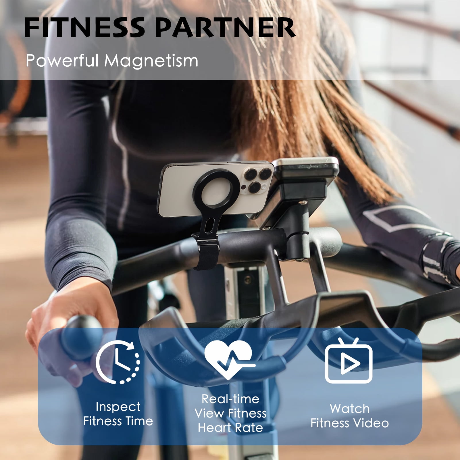 Magnetic Phone Holder for Stroller Bar, Compatible with MagSafe (Strong Magnet) - Phone Holder for Gym, Home Fitness Bikes, Shopping Cart, with Adjustable Strap, All Phone (Magnetic Ring Included)