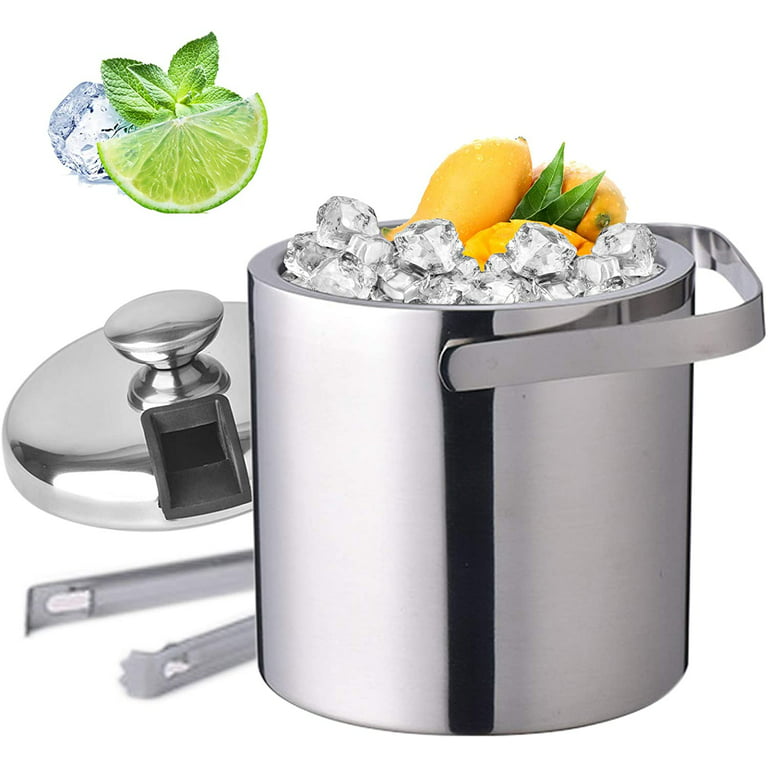 Tfcfl Double Layer Stainless Steel Ice Bucket Ice Cube Container w/ Ice Tongs + Lid, Size: One size, Silver