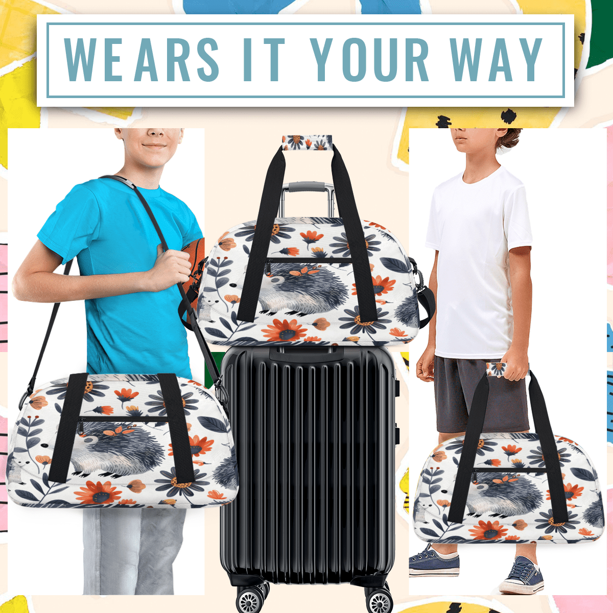Herdesigns Hedgehog Sports Duffle Bag for Women & Men, Flower Gym Bag Dance Bag Overnight Bag Carry On Weekender Travel Bag