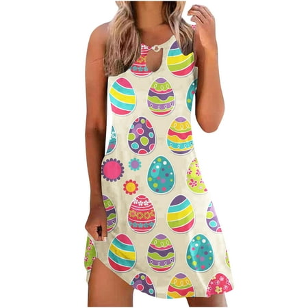 

jsaierl Easter Dress for Women Bunny Egg Print Summer Dresses Sleeveless Vacation Midi Dress Keyhole Tank Dresses Happy Easter Gift for Women