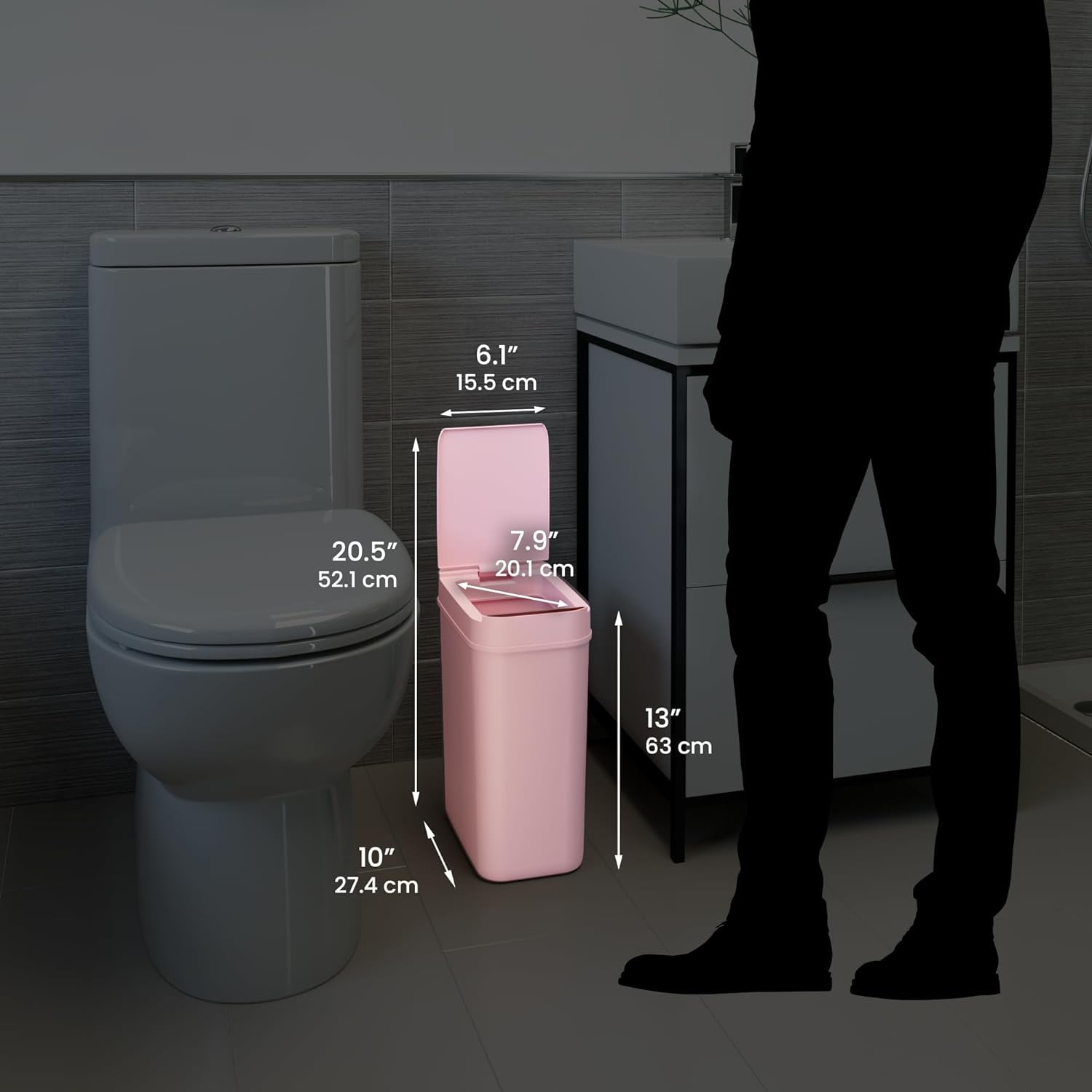 3 Gallon Pink Sensor Bathroom Trash Can Slim and Space-Saving 10 L Home Office Garbage Bin