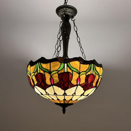Tiffany Pendant Lighting Ceiling Lights Stained Glass Red Tulips LED Bulbs Included for Dining Room Living Room Bedroom 16"W*16"D*60"H