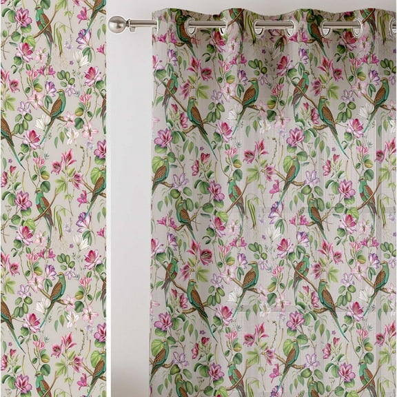 Vargottam Bird Print Sheer Curtains for Short Windows Set of 2 Panels, 63" Length, Grommet Top, Printed Georgette, Light Filtering Drapes for Kitchen or Bedroom