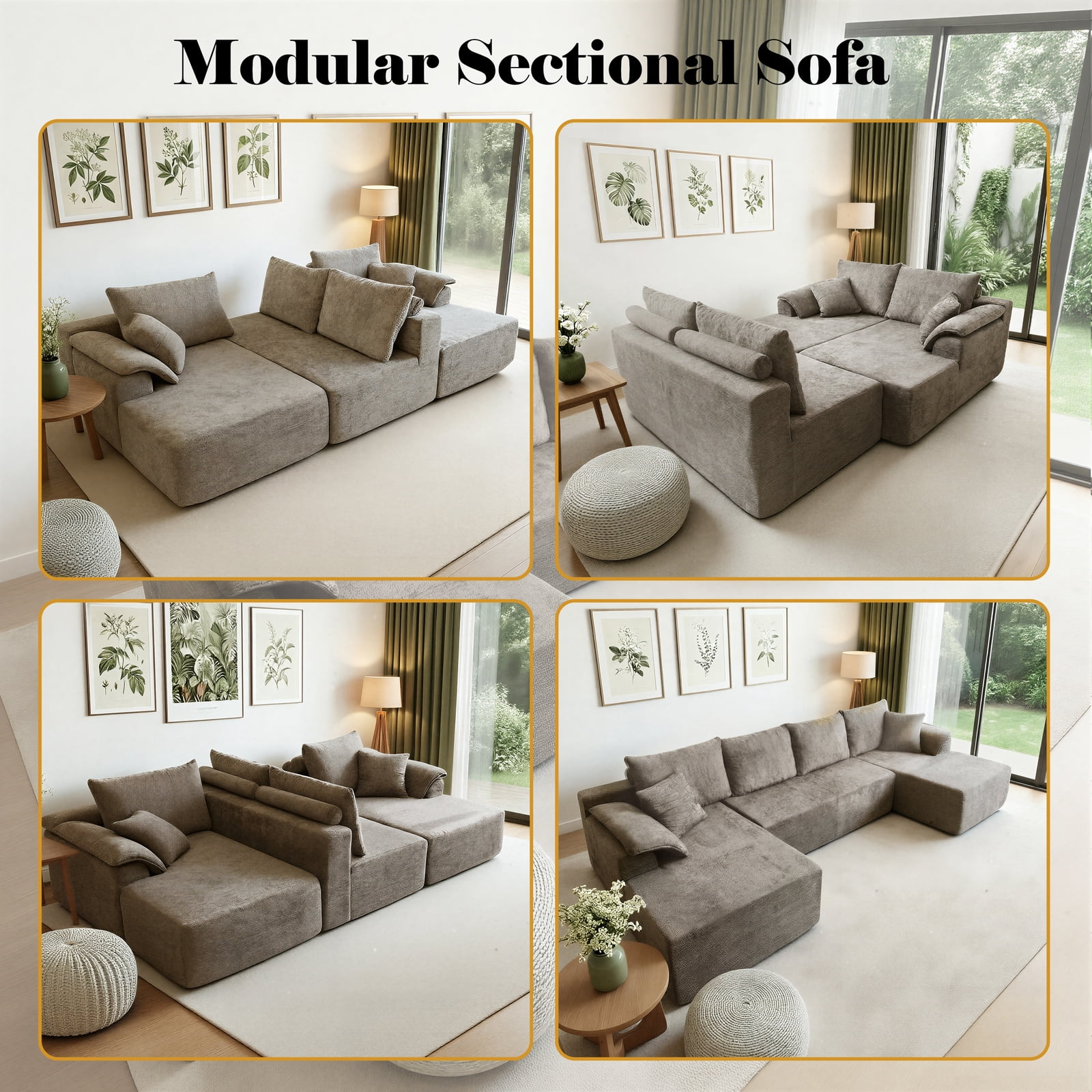 Kelyda 130'' Boneless Sectional Couch, Modern Chenille U Shaped Modular Cloud for Living Room Camel