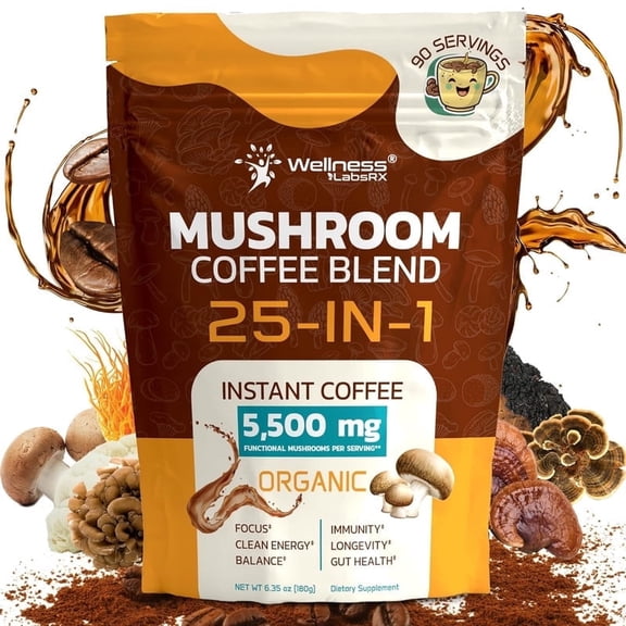 Mushroom Coffee Organic Instant 25-in-1, Lions Mane, Reishi,Chaga, Keto-Friendly, Smooth Flavor, Non-GMO, 90 Servings