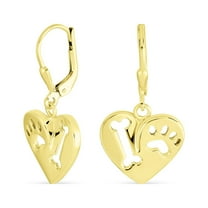 Bling Jewelry Womens I Love My Dog Paw Print Dangle Heart Shape Earrings Animal Lover Gold Sterling Silver Lever back