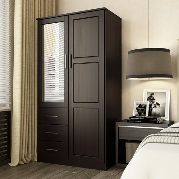 Palace Imports 100% Solid Wood Metro 2-Door Wardrobe with Mirrored Door, Java Espresso