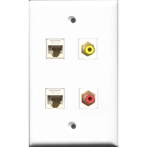 RiteAV 1 Port RCA Red and 1 Port RCA Yellow 2 Port Cat6 Ethernet White Wall Plate