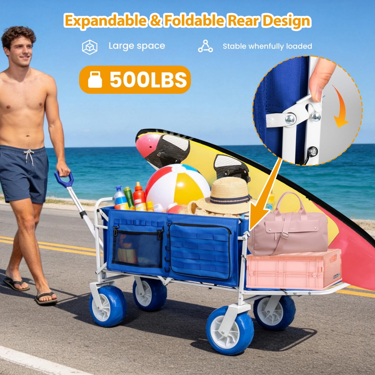 LuckyNote Beach Wagon Cart with Opened Tailgate and 9" All-Terrain Wheels, 500lbs Heavy Duty Collapsible Folding Wagon, Cooler & Storage Bags, Extendable for Kayak, Blue