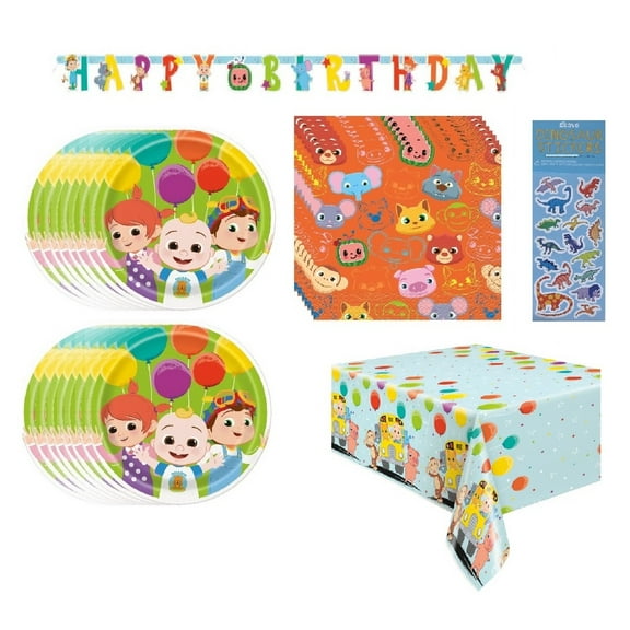 Cocomelon Birthday Party Supplies Bundle includes 16 Dessert Plates, 16 Napkins, 1 Table Cover, 1 Happy Birthday Banner, 1 Dinosaur Sticker Sheet (Bundle for 16)